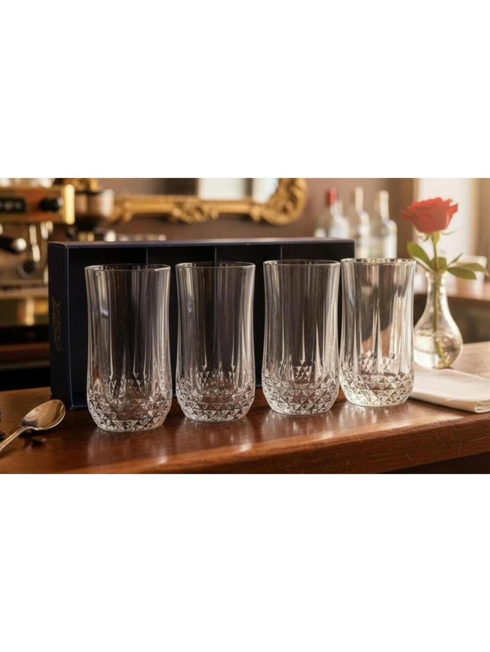 Longchamp Cristal d’Arques France 4-Piece Lead Crystal Highball Glass Set w/ Box